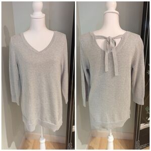 Talbot's Double V Tie Back Sweater Shimmer Gray Women's Medium 3/4 Sleeve 148
